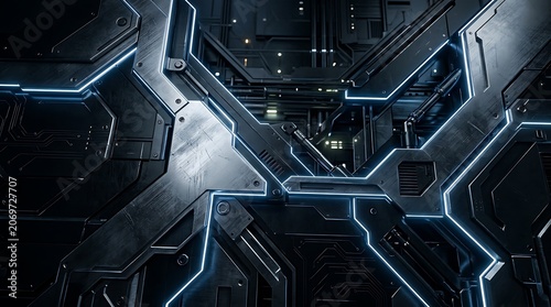Futuristic Sci-Fi Metal Background with Blue Glowing Neon Lines