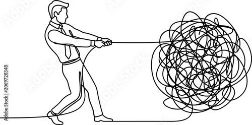 Foto Continuous line drawing of a businessman pulling a tangled mess.