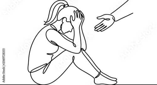 Vászonkép Continuous line drawing of a sad woman being offered support.