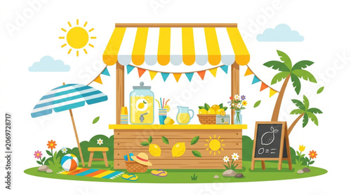 Charming cartoon lemonade stand selling refreshing drinks on a sunny summer day with palm trees and beach accessories, depicting a vibrant outdoor scene
