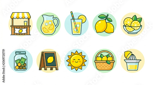 Collection of flat design icons featuring a lemonade stand, pitcher, glass, lemons, juicer, basket, jar of money, and smiling sun on pastel backgrounds, conveying summer refreshment