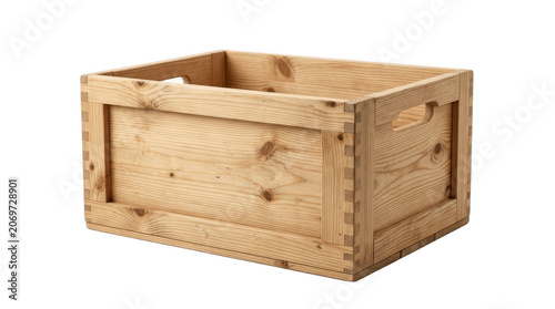 Natural unfinished wooden storage crate box with cutout handles on white background, ideal for organizing home goods, pantry supplies or rustic retail display

