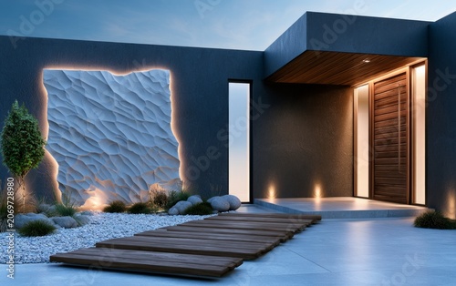 Modern Home Entrance Featuring Illuminated Textured Wall and Sleek Wooden Pathway in Evening Light