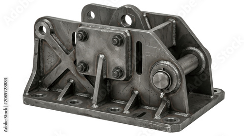 Heavy duty welded steel industrial mounting bracket with reinforced gussets, base plate holes and pivot pin on white background for machinery support and alignment

