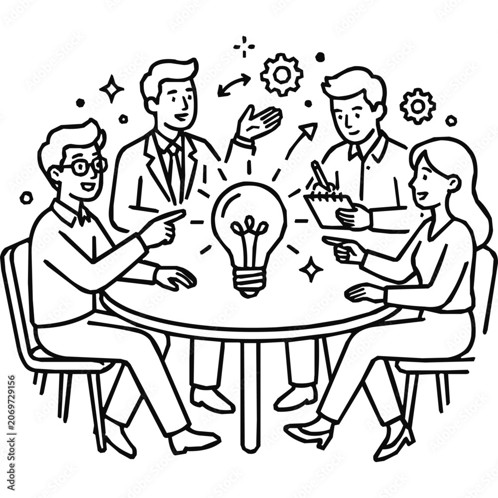 Fototapeta premium Teamwork - Creative business people brainstorming for a new collaboration idea around a glowing light bulb during a productive office team meeting