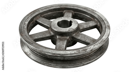 Aged cast metal pulley wheel with central keyed hub and single groove rim on white background for belt driven machinery, power transmission and vintage industrial equipment

