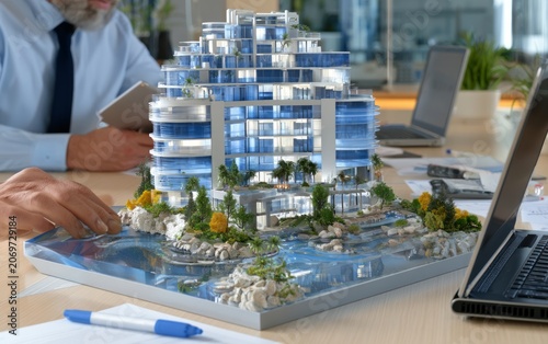 Detailed Model of Modern Property Development Showcasing Innovative Design and Sustainable Features on Table