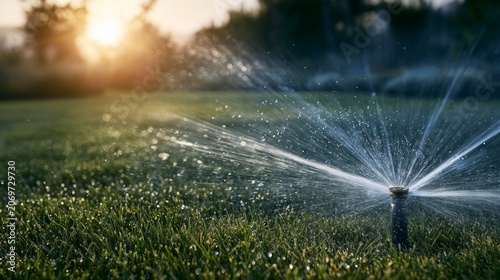 Automatic Sprinkler System Watering Lush Green Grass at Sunset in a Peaceful Outdoor Landscape