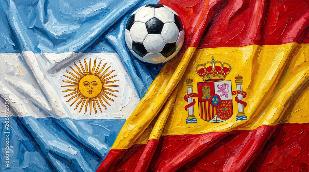 Naklejka premium Bold Acrylic Painting of Argentina and Spain Soccer Match Concept