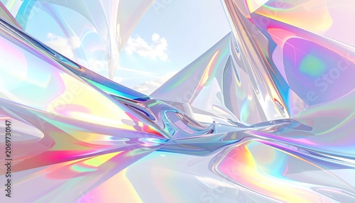 Abstract Iridescent Crystal Landscape with Sky and Clouds