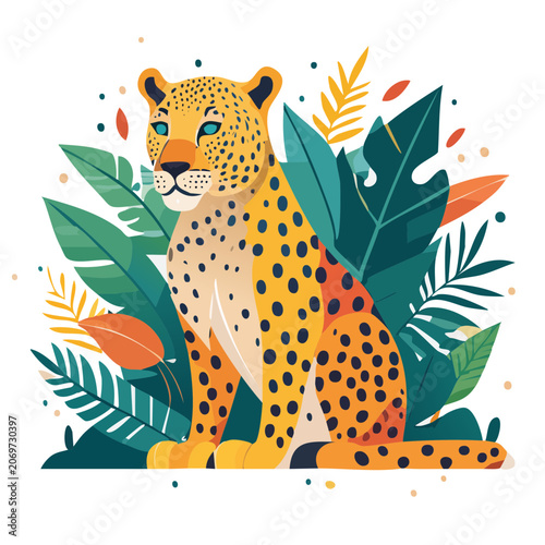Flat illustration of a leopard with tropical foliage