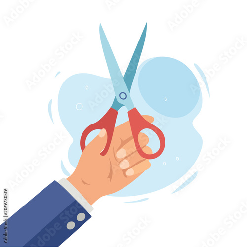 Hand holding scissors cutting cloud shape vector illustration
