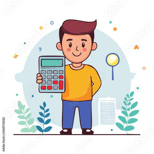 Man holding calculator in flat illustration style