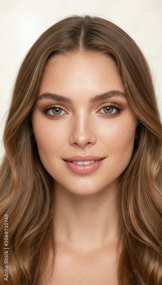 Fototapeta premium Portrait of a Young Woman with Wavy Brown Hair