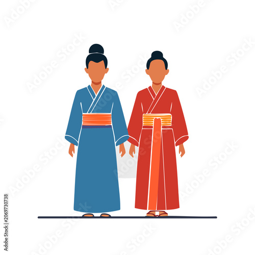 Two Women in Traditional Kimono Flat Vector Illustration