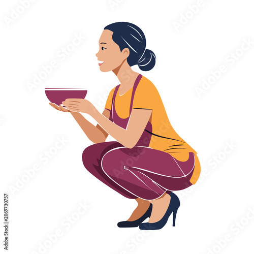 Woman in high heels holding a bowl, flat vector illustration