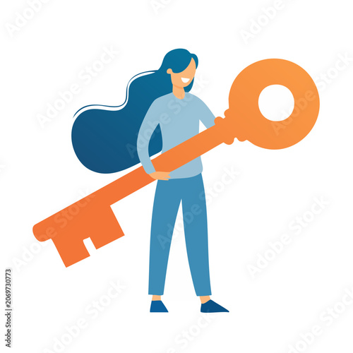 Woman holding large key, flat vector illustration