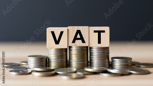VAT Concept: Wooden blocks spelling out VAT stand atop stacks of coins, representing the financial concept of value-added tax and its economic impact.