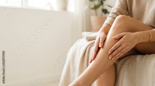 Woman applying moisturizing cream to smooth legs for skin care