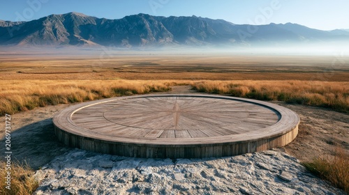 Circular Wooden Compass Platform in Scenic Mountain Landscape with Soft Morning Light and Vast Open Space