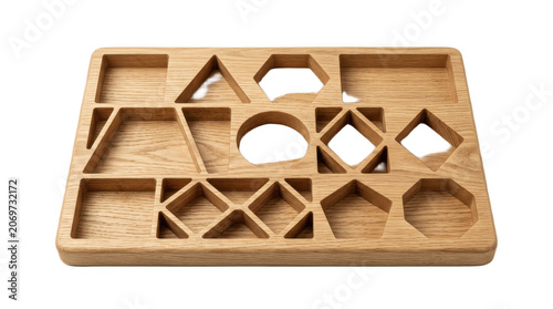 Natural wooden compartment tray with assorted geometric sections on white background, ideal for sorting jewelry, craft supplies, office items or snacks

