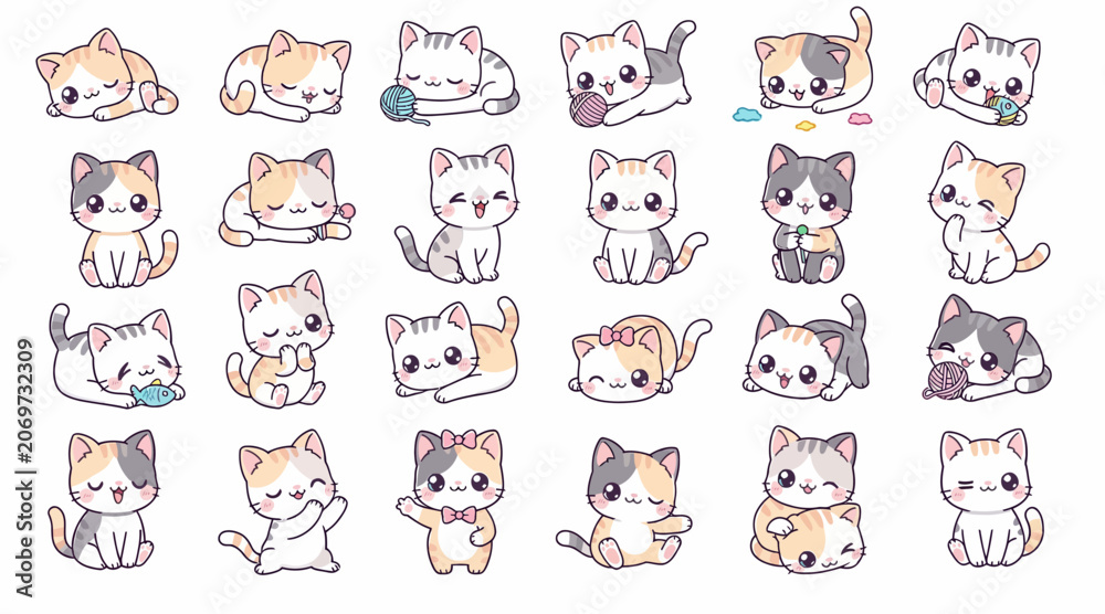 Fototapeta premium Cute Kawaii Kittens Set, Adorable Cartoon Cats Collection, Playful Feline Illustrations