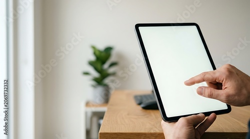 Hands holding a tablet with blank white screen in bright home office