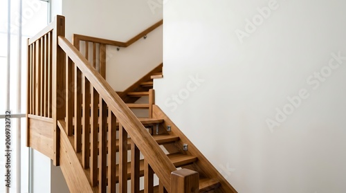 Minimalist wooden staircase design in a modern bright home interior