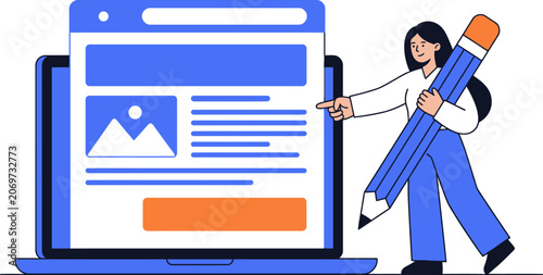 Woman with giant pencil interacting with laptop screen displaying web for web banner social media banner business presentation marketing meterial.