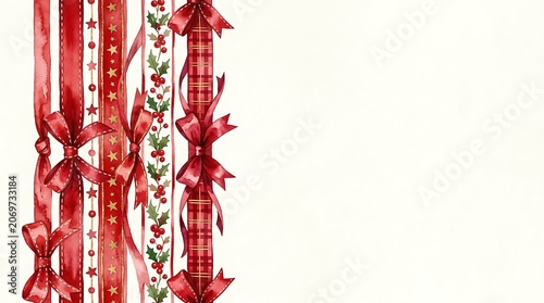 Christmas vertical border with red watercolor ribbons and bows