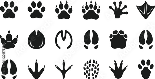 Tableau sur toile Collection of various animal paw prints and footprints silhouettes