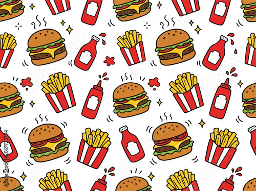 Seamless repeating pattern featuring kawaii-style burger, fries, and ketchup elements arranged in a playful and cute composition