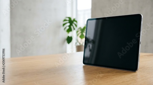Digital tablet mockup on a wooden desk in a modern interior