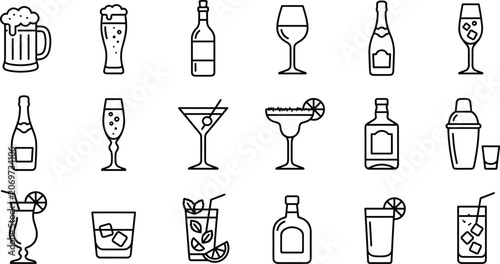 Bild auf Leinwand Collection of alcohol drink and cocktail line icons.