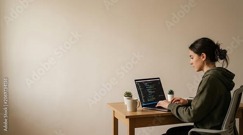 Female developer coding on laptop at home office with copy space
