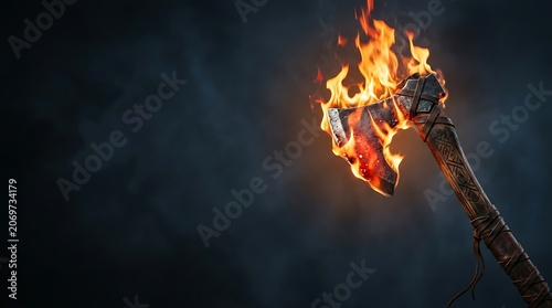 Medieval battle axe engulfed in fire against a dark smoky background