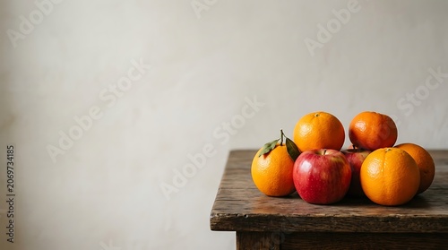 Fresh oranges and red apples on a rustic wooden table
