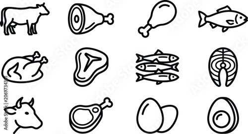 Cuadro en lienzo Set of protein food icons including meat fish poultry and eggs.