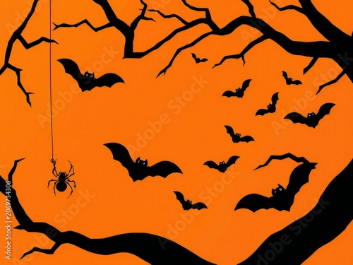 Spooky bats and spider hanging from a tree on a dark night.
