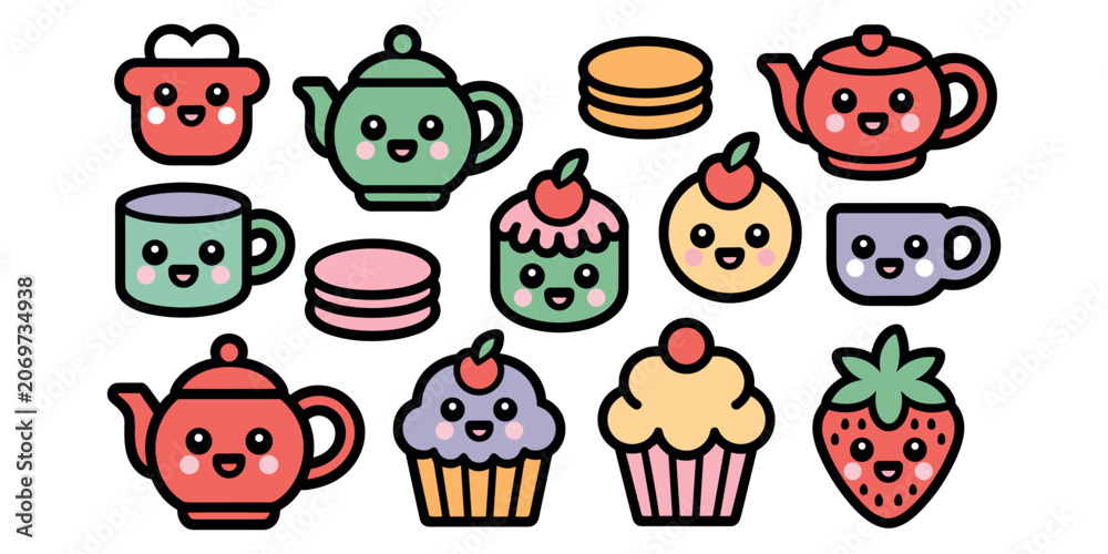 Naklejka premium Cartoon tea and dessert with smiling faces teapot in white background