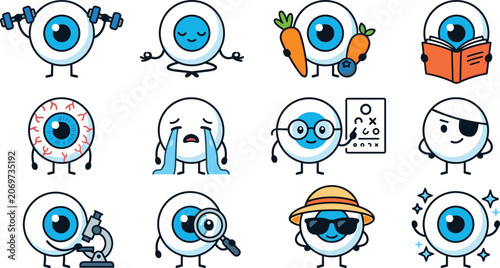 Photos Set of cute cartoon eyeball characters engaged in various activities