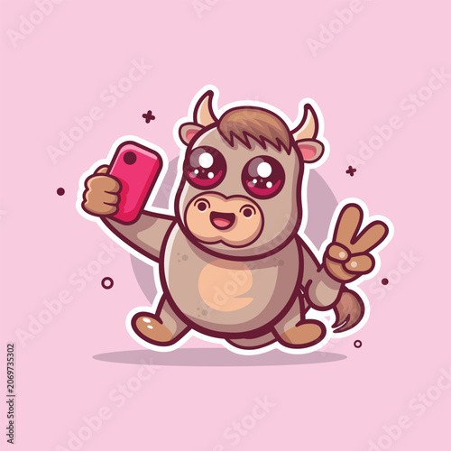 smiling bull animal character mascot taking a selfie with a smartphone isolated cartoon 
