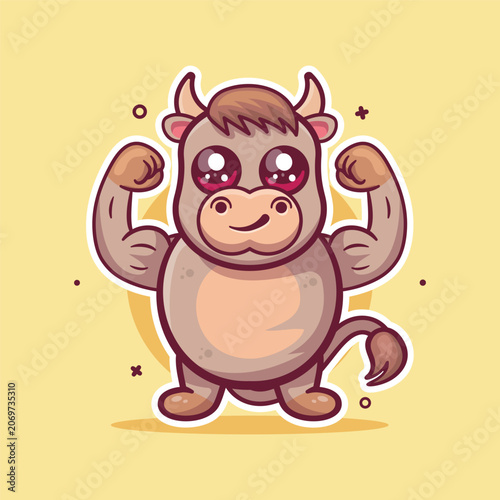 Strong bull cartoon character mascot showing muscular biceps. Funny farm animal power, gym fitness and bodybuilder concept illustration