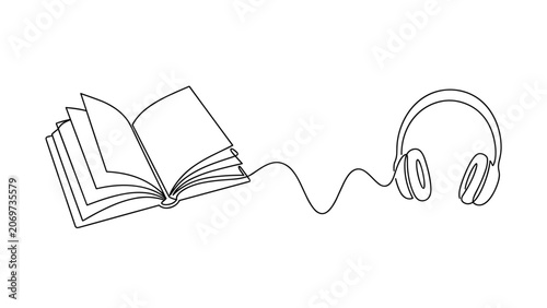 Continuous one line drawing of an open book connected to headphones.