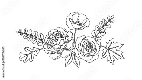 Fotografie Hand drawn floral arrangement with roses and peonies sketch.