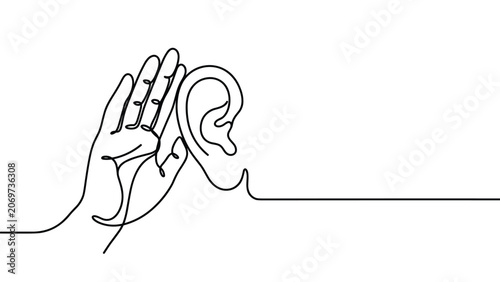 Foto Continuous one line drawing of a hand holding up to an ear to listen