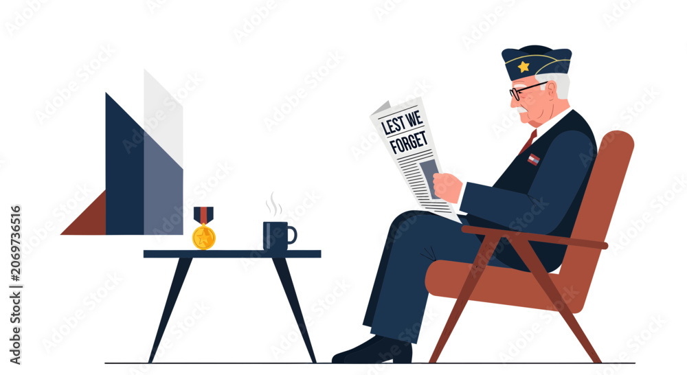 Fototapeta premium Veteran Reads Newspaper Lest We Forget Sitting in Chair.