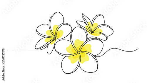 Foto Continuous line art of tropical plumeria flowers with yellow watercolor accents