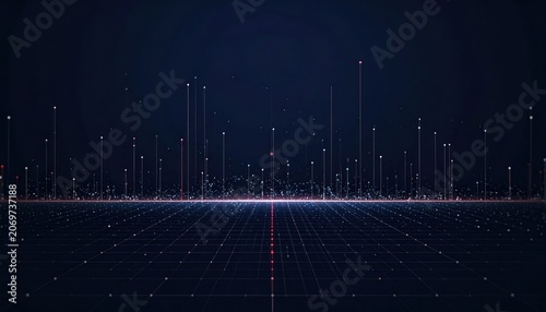 Digital Abstract Background: Glowing Particles and Lines on Dark Futuristic Grid