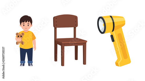 Young boy holding a teddy bear standing next to a wooden chair and a yellow flashlight.